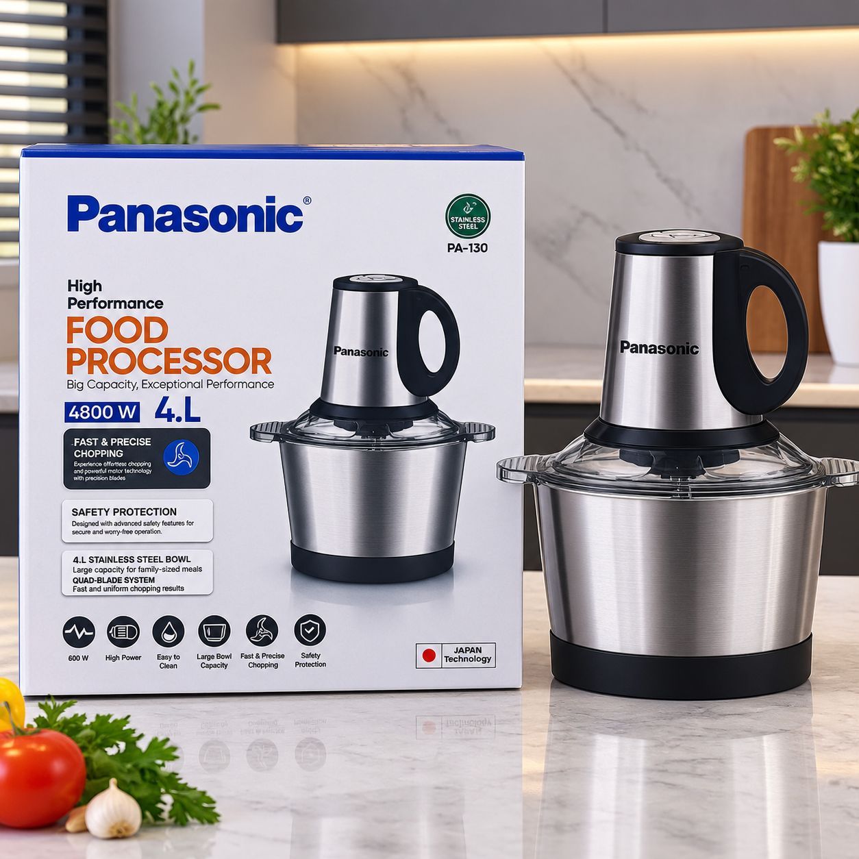 خردکن پاناسونیک مدل PA-130 | کاسه استیل 4 لیتری، 4 تیغه و سیستم ایمنی