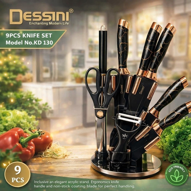 سرویس چاقو ۹ پارچه دسینی مدل KD130 طرح مرمر مشکی رزگلد با پایه چرخان